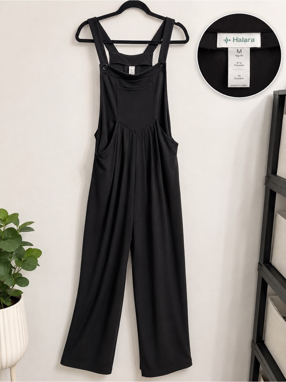 HALARA Black Wide-Leg Overall Jumpsuit with Pockets